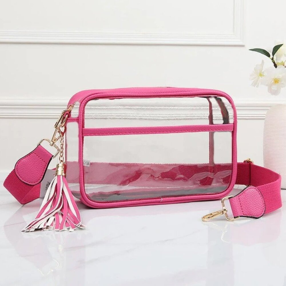 NWT PINK Stadium Approved Clear Crossbody Bag with Faux Leather & Tassel | Game